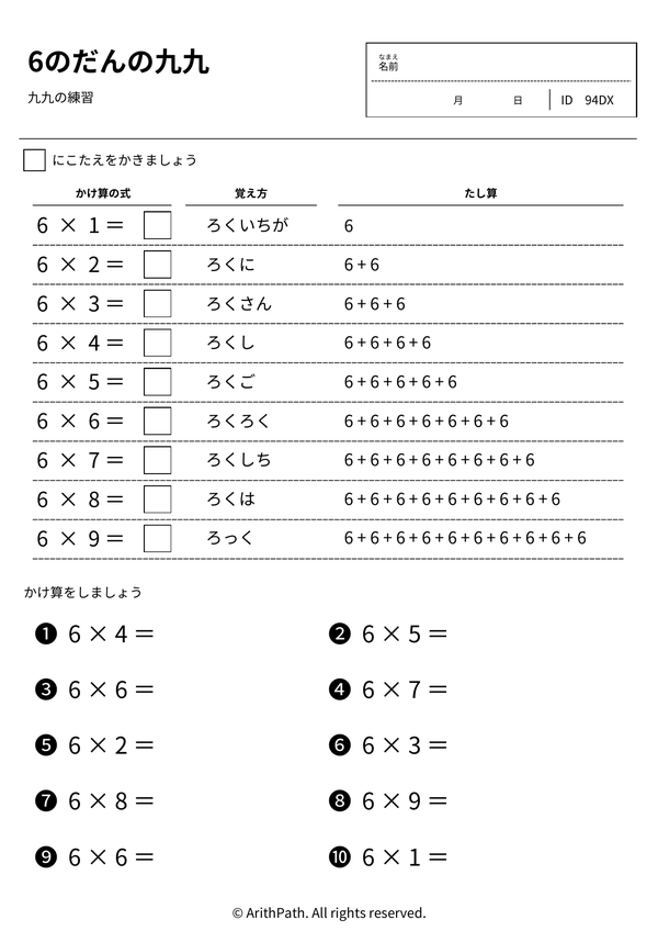 6のだんの九九