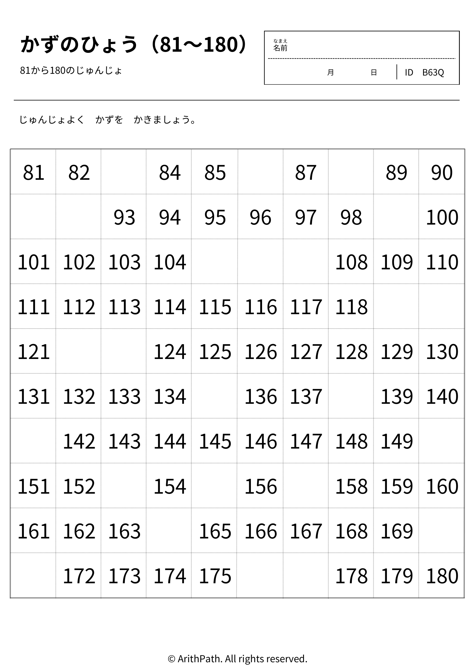 かずのひょう（81〜180）