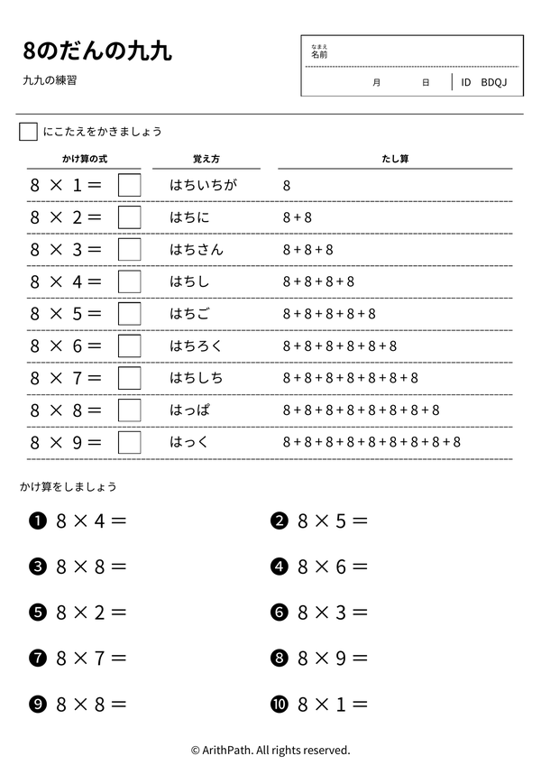 8のだんの九九