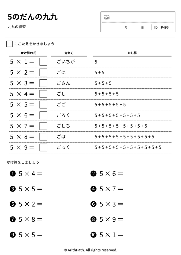 5のだんの九九