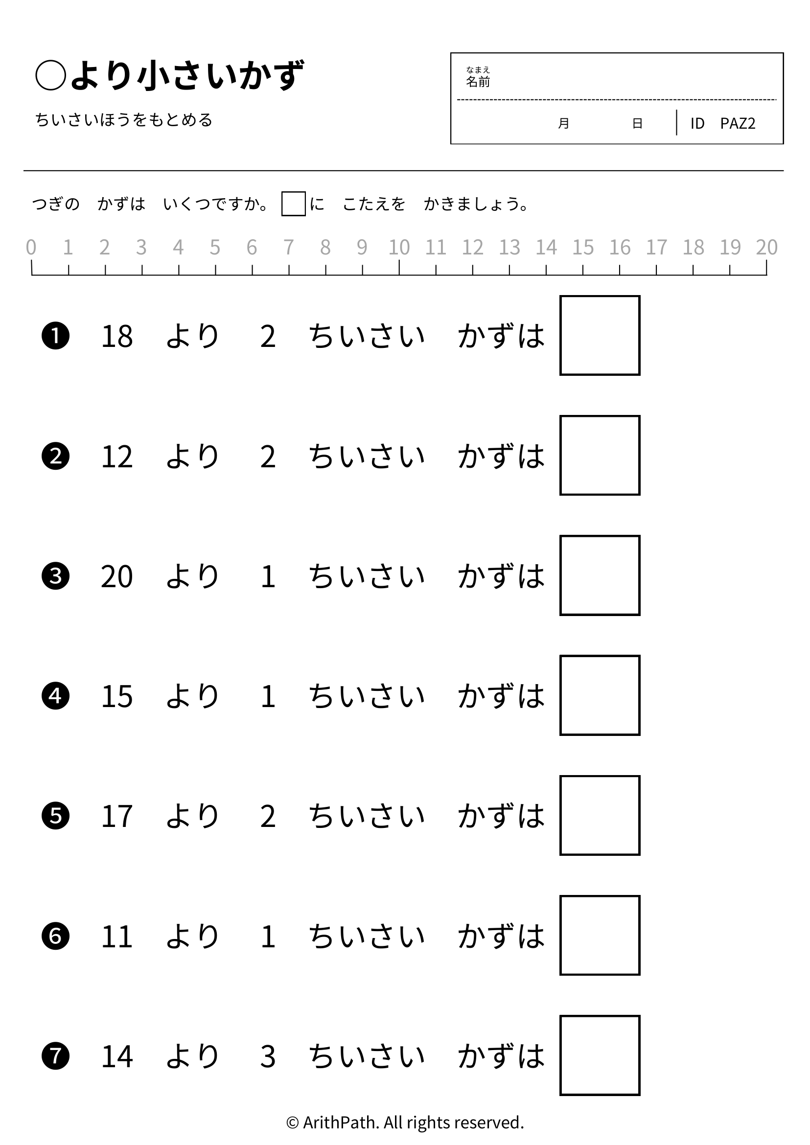 ○より小さいかず