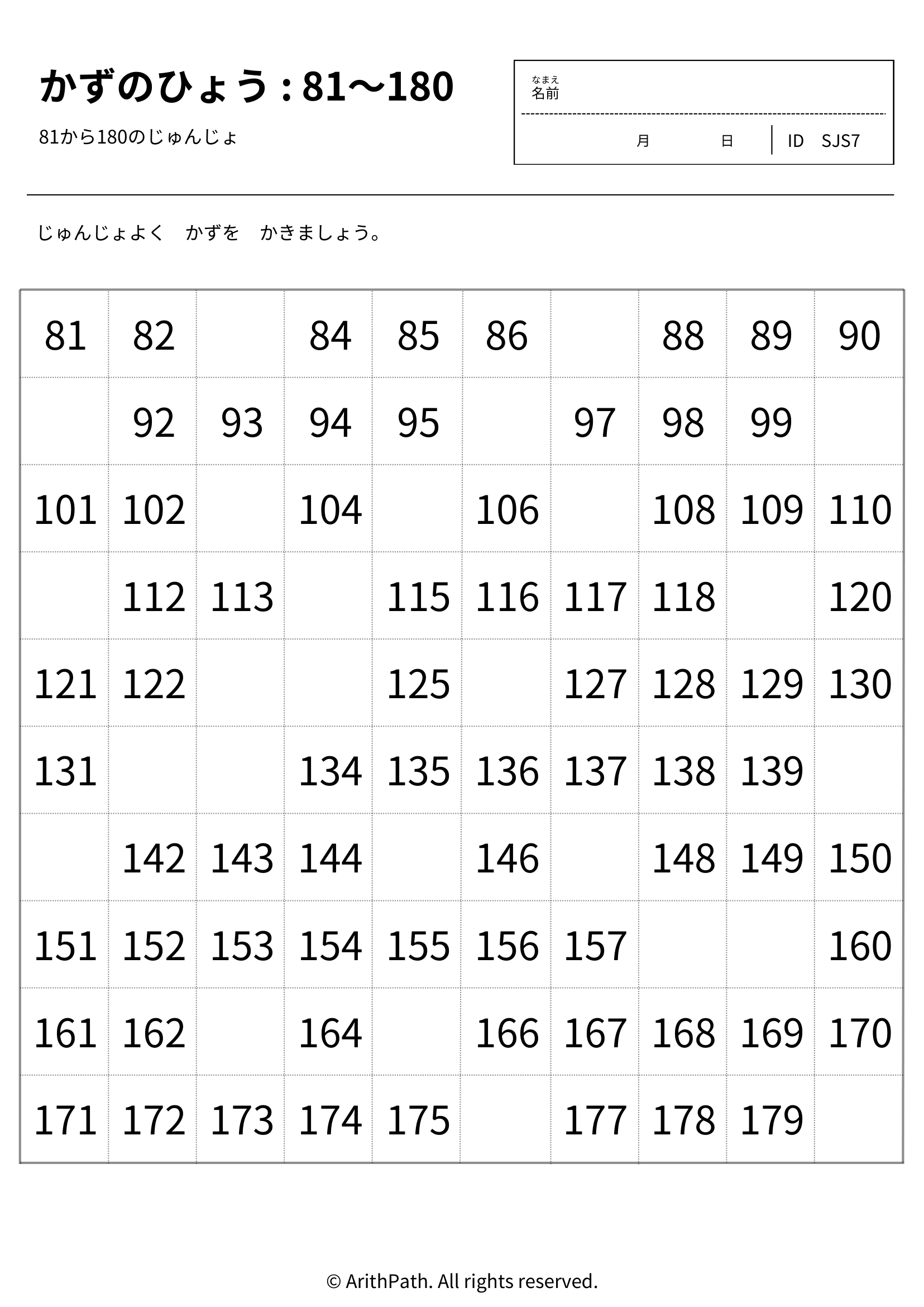 かずのひょう（81〜180）