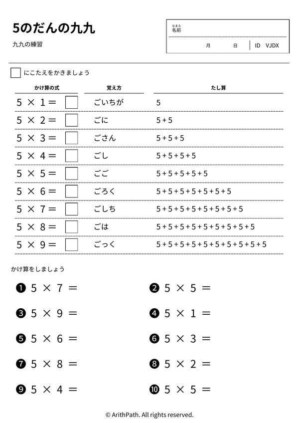 5のだんの九九