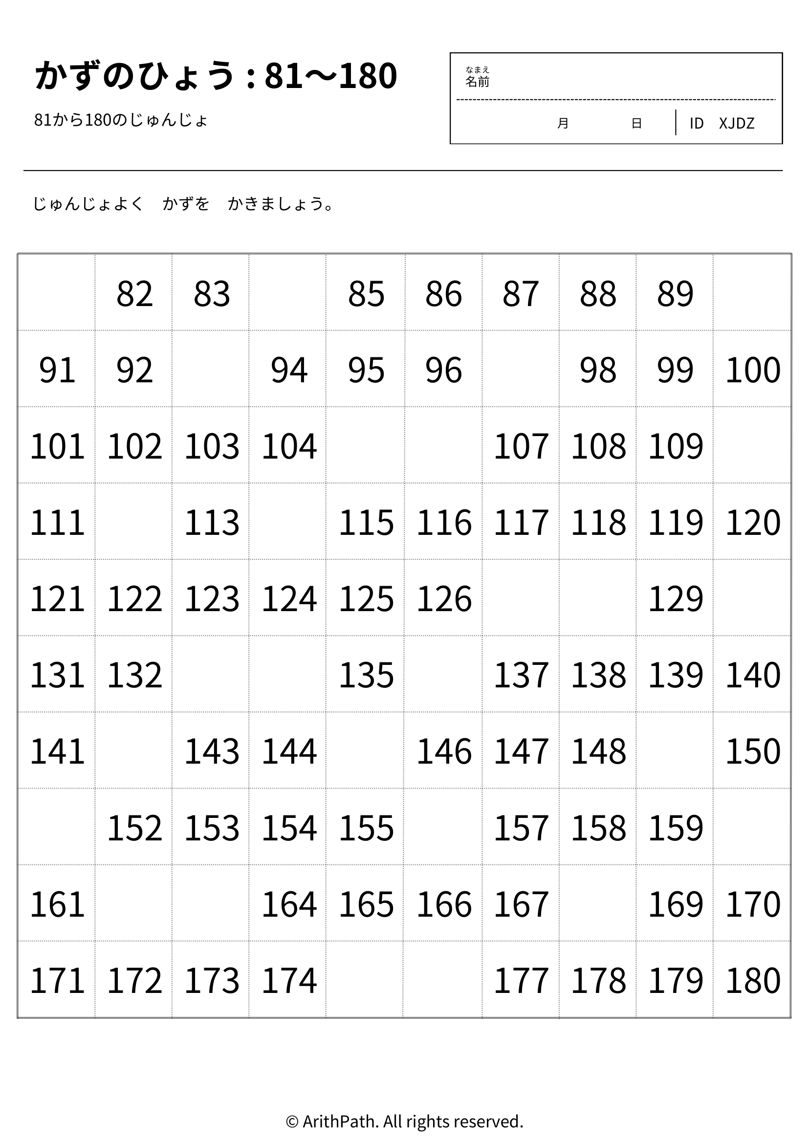 かずのひょう（81〜180）