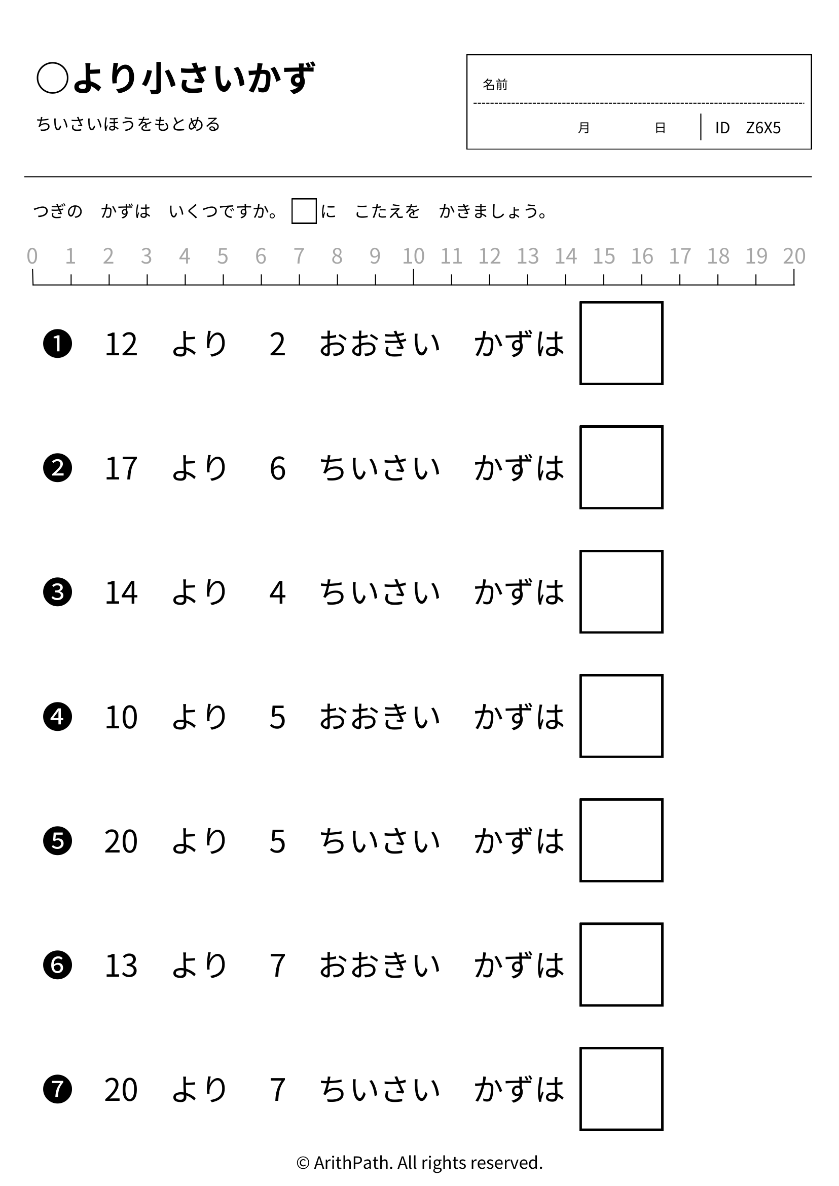 ○より小さいかず
